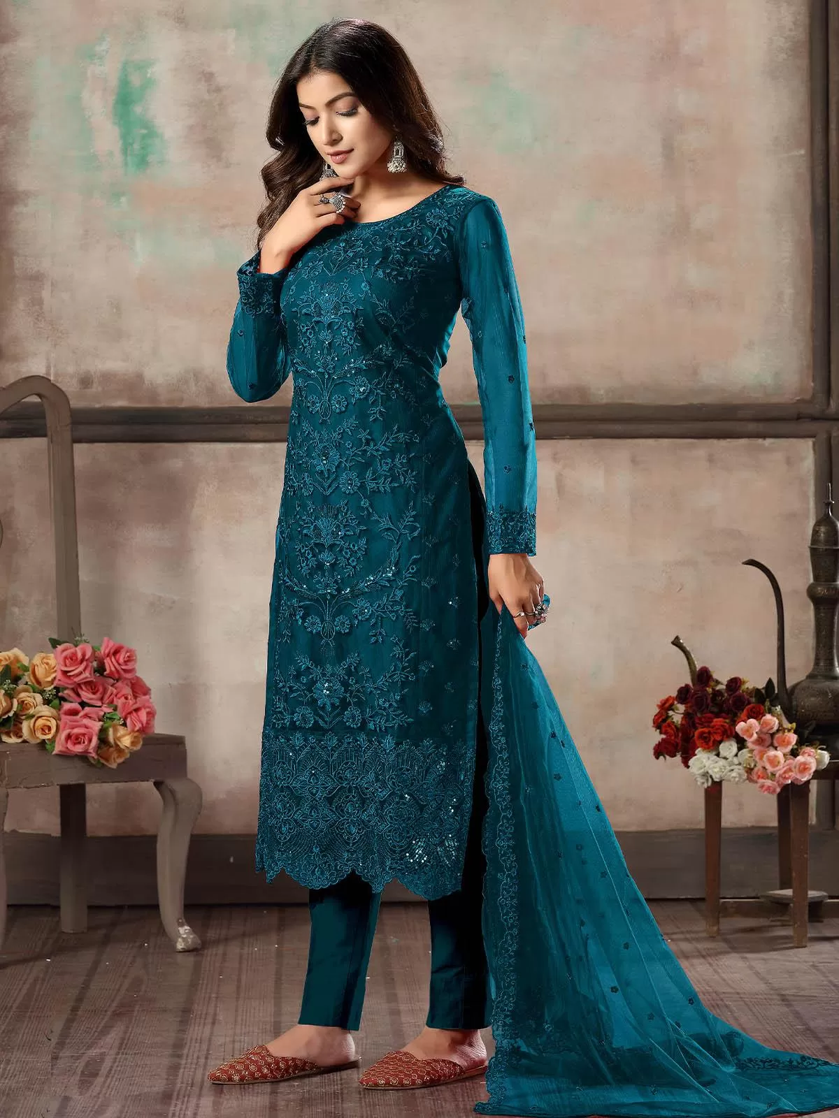 Odette Women Teal Net Semi Stitched Salwar Suit