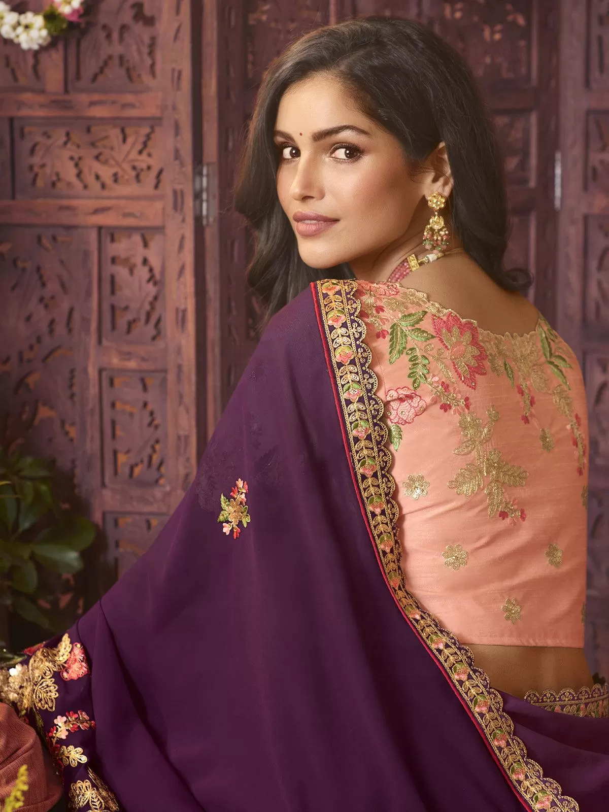 Odette Women Violet Georgette Embroidered Saree With Unstitched Blouse