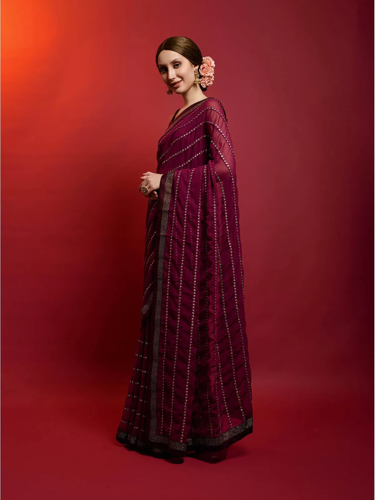 Odette Women Voilet Georgette Saree With Unstitched Blouse