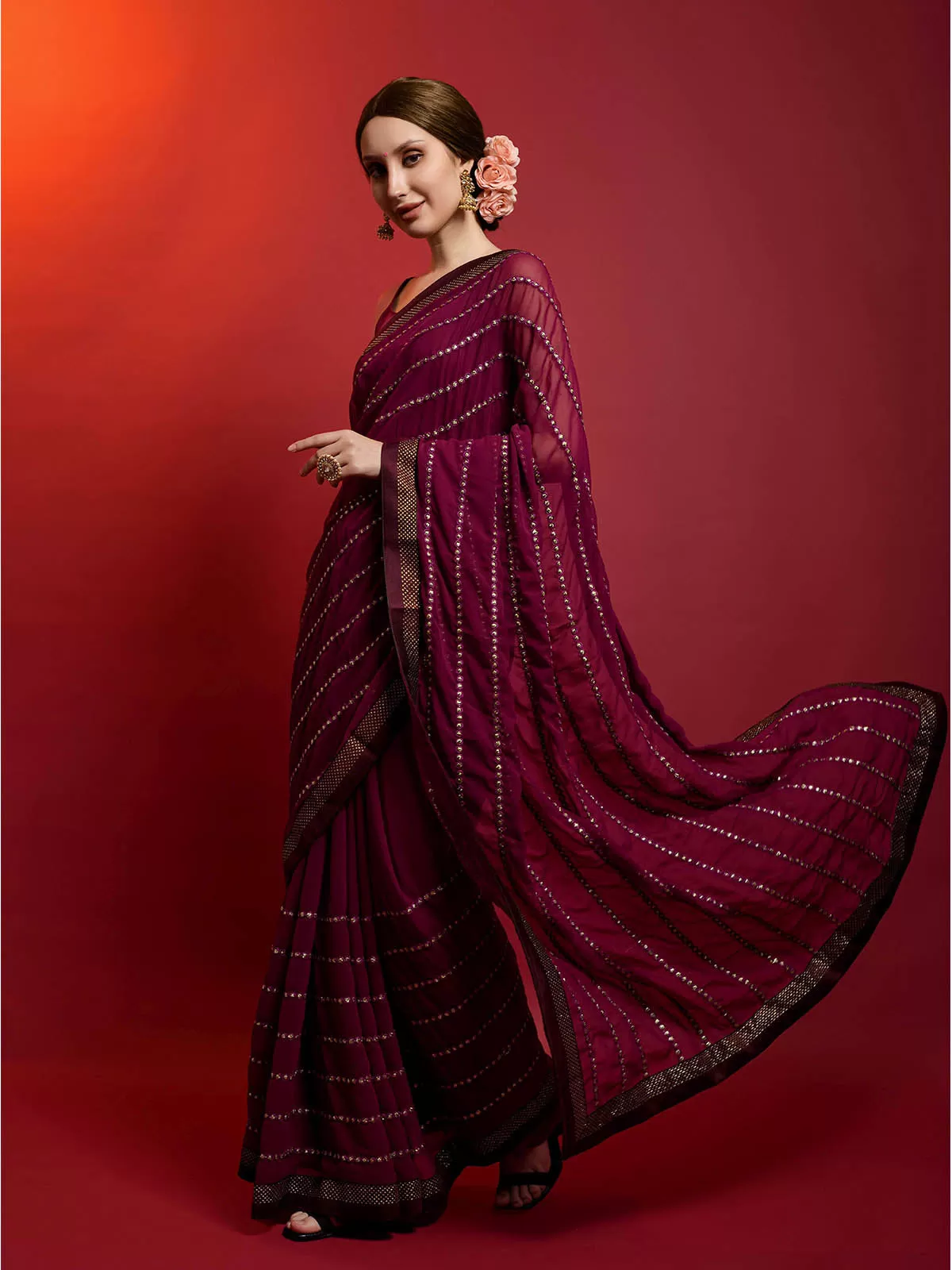 Odette Women Voilet Georgette Saree With Unstitched Blouse