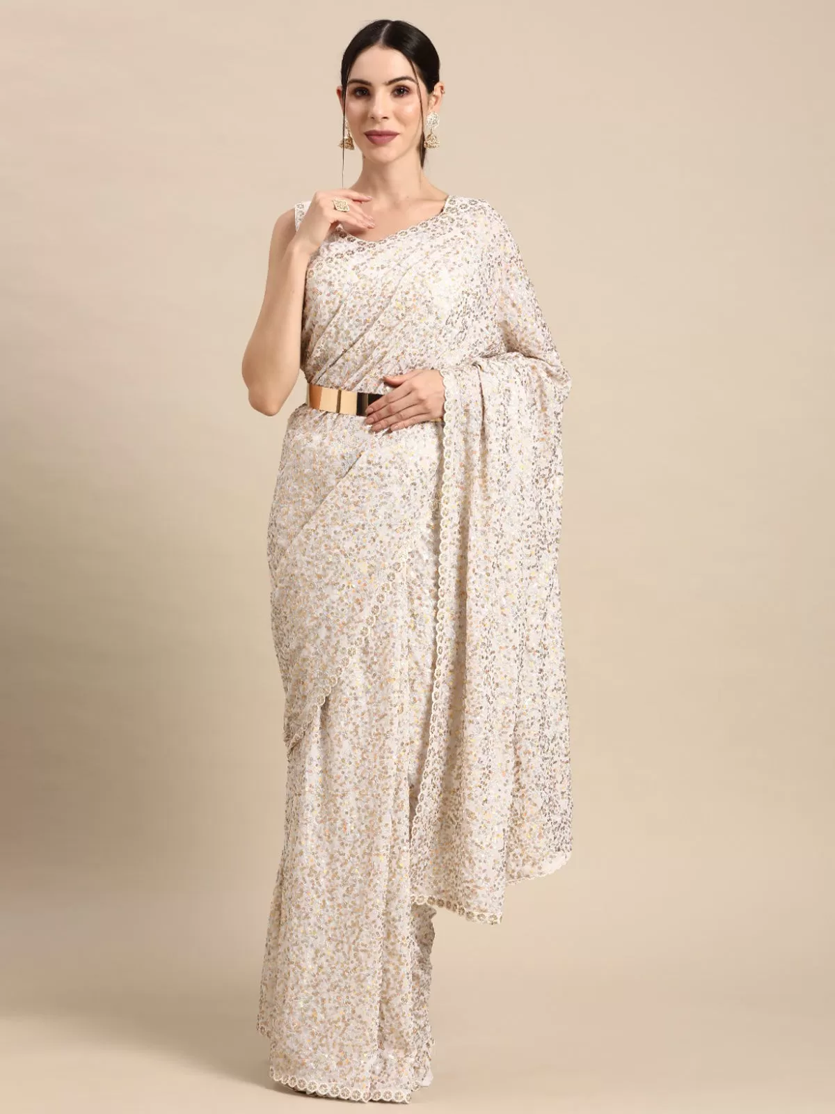 Odette Women White Georgette Designer Sequins Saree With Unstitched Blouse