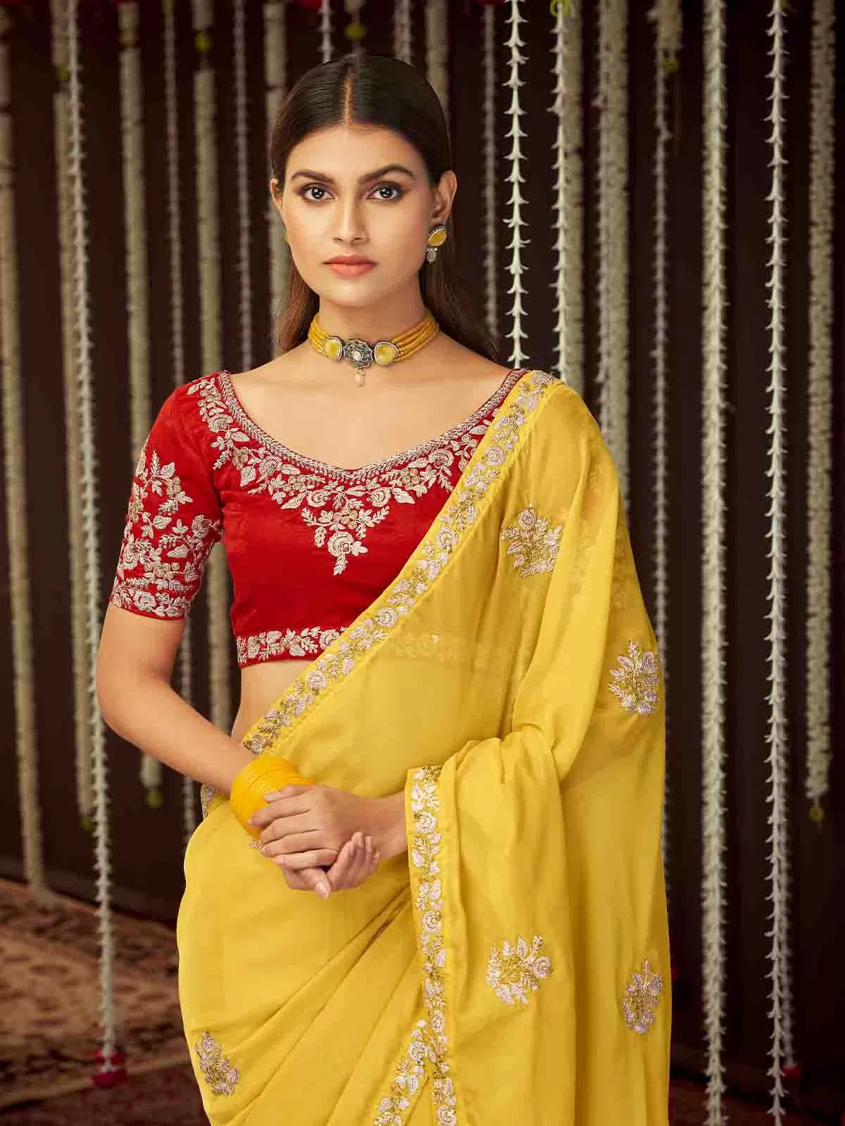 Odette Women Yellow Organza Embroidered Saree With Unstitched Blouse