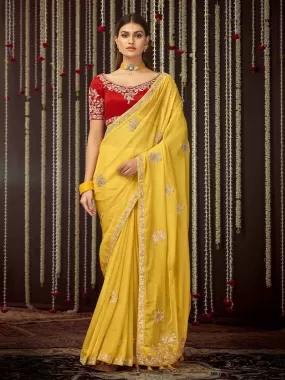 Odette Women Yellow Organza Embroidered Saree With Unstitched Blouse