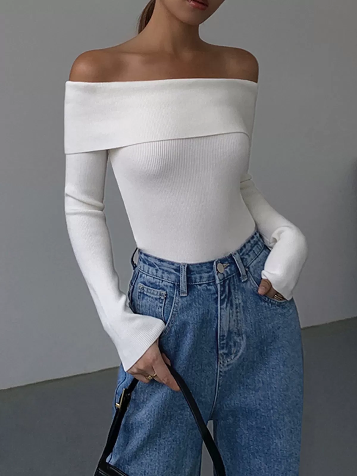 Off Shoulder Overfold Long Sleeve Knit Top