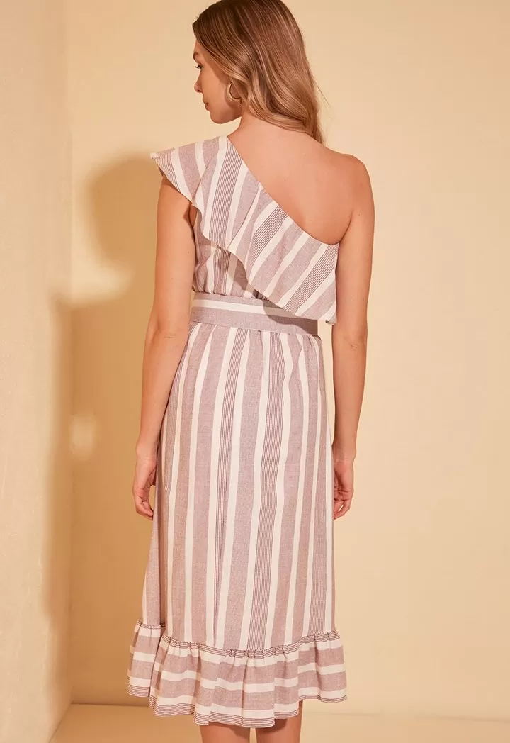 One Shoulder Striped Belted Dress