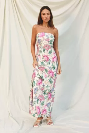 Paisley Floral Strapless Draped Back Maxi Dress