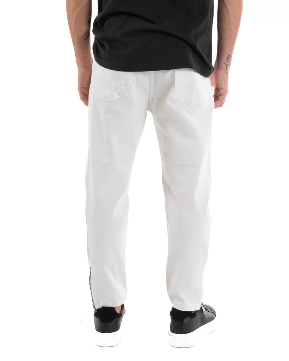 Pantaloni Jeans Uomo Slim Fit Biker Bianco Cinque Tasche Con Zip Casual GIOSAL-P5563A