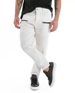 Pantaloni Jeans Uomo Slim Fit Biker Bianco Cinque Tasche Con Zip Casual GIOSAL-P5563A