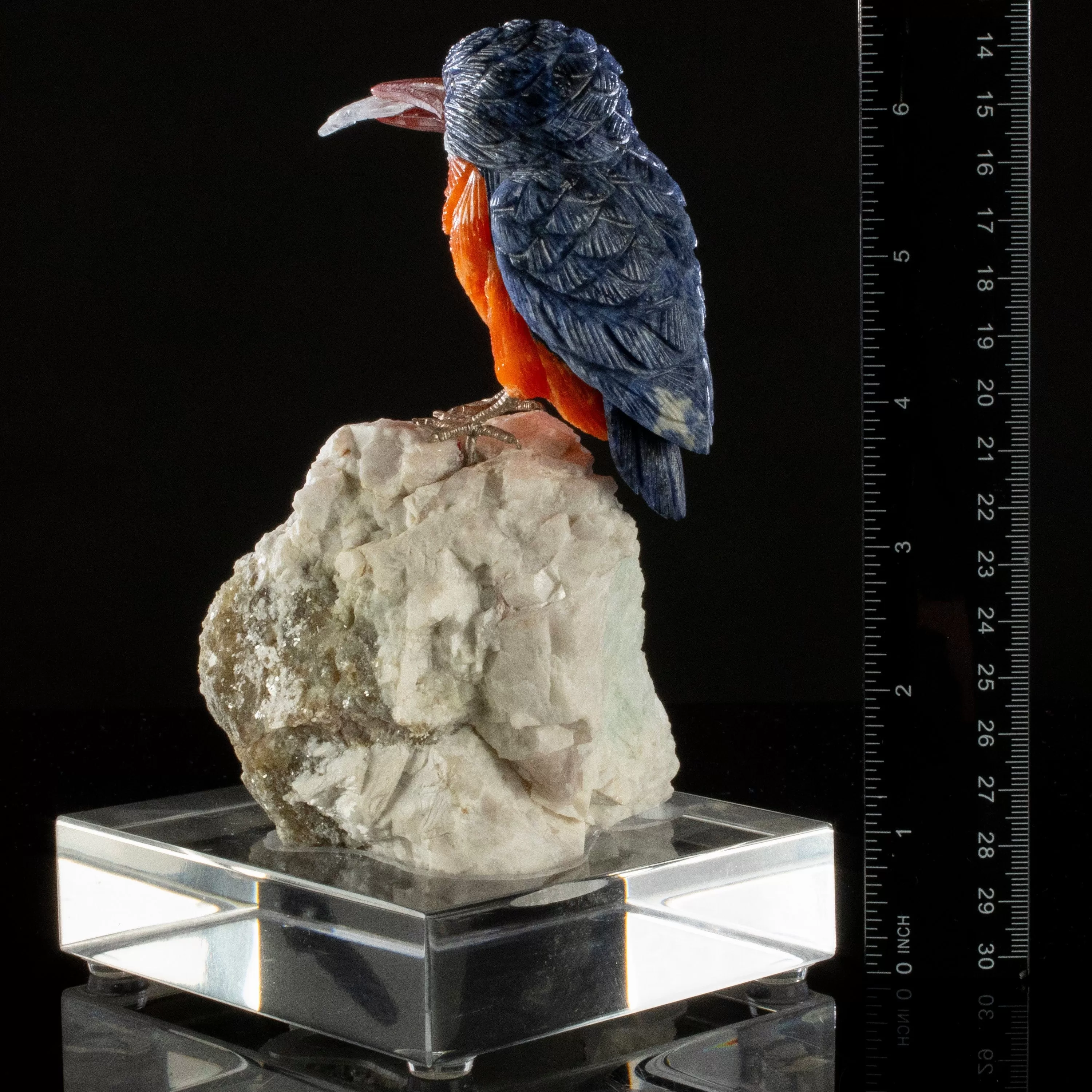 Peter Muller Sodalite Belted Kingfisher Love Bird Carving on Watermelon Tourmaline Base