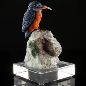 Peter Muller Sodalite Belted Kingfisher Love Bird Carving on Watermelon Tourmaline Base