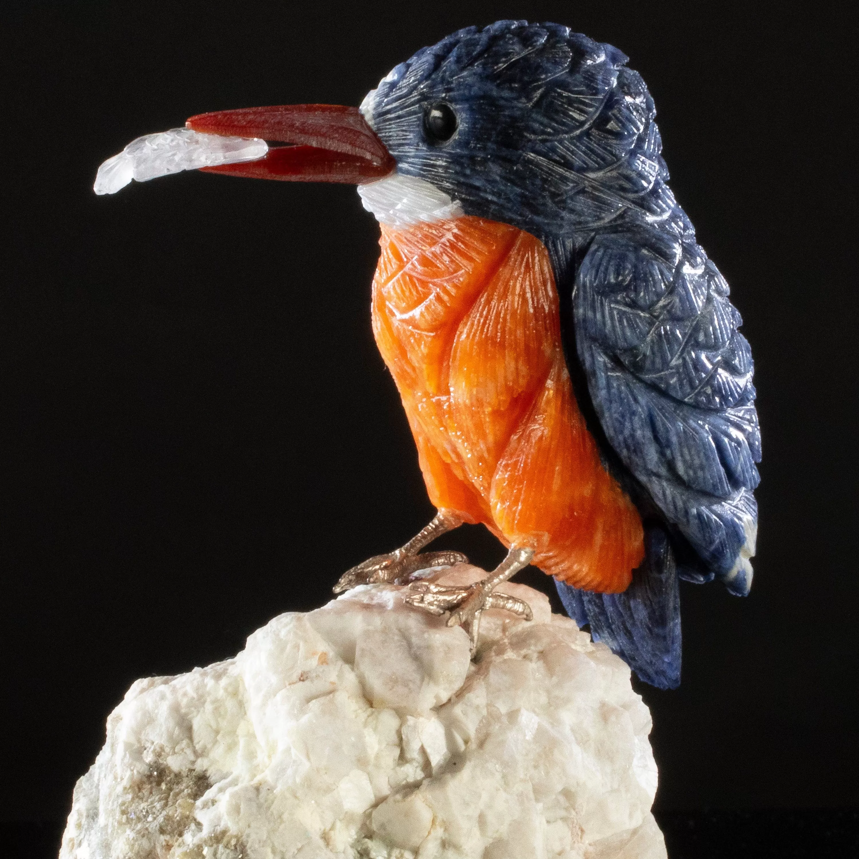 Peter Muller Sodalite Belted Kingfisher Love Bird Carving on Watermelon Tourmaline Base