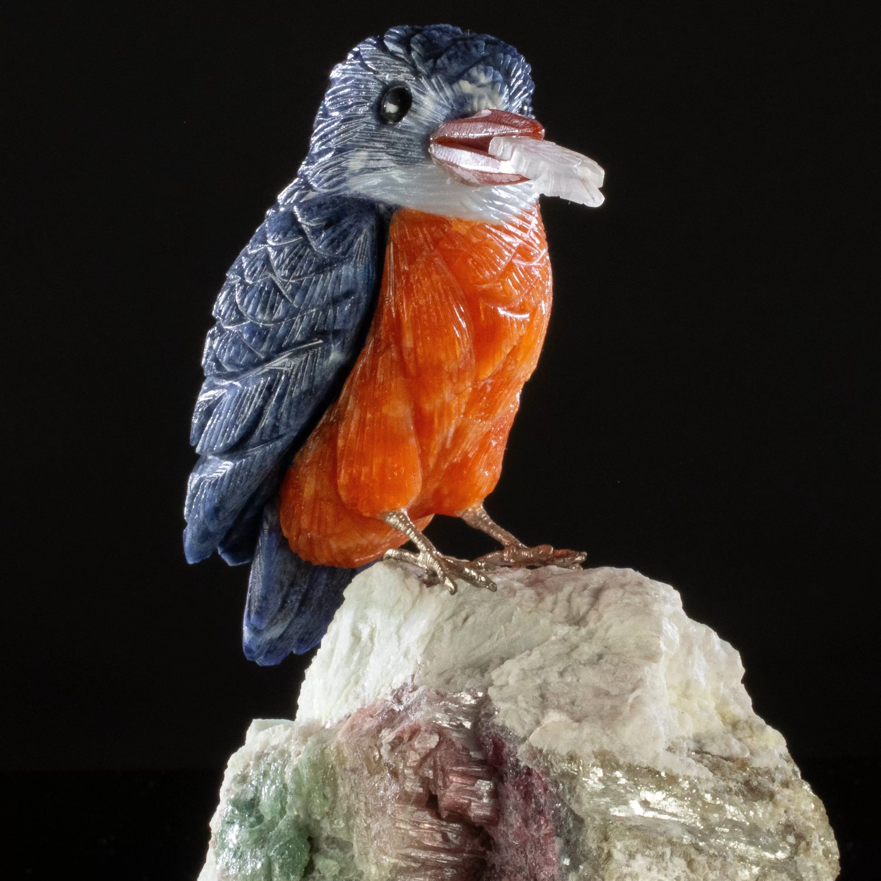 Peter Muller Sodalite Belted Kingfisher Love Bird Carving on Watermelon Tourmaline Base