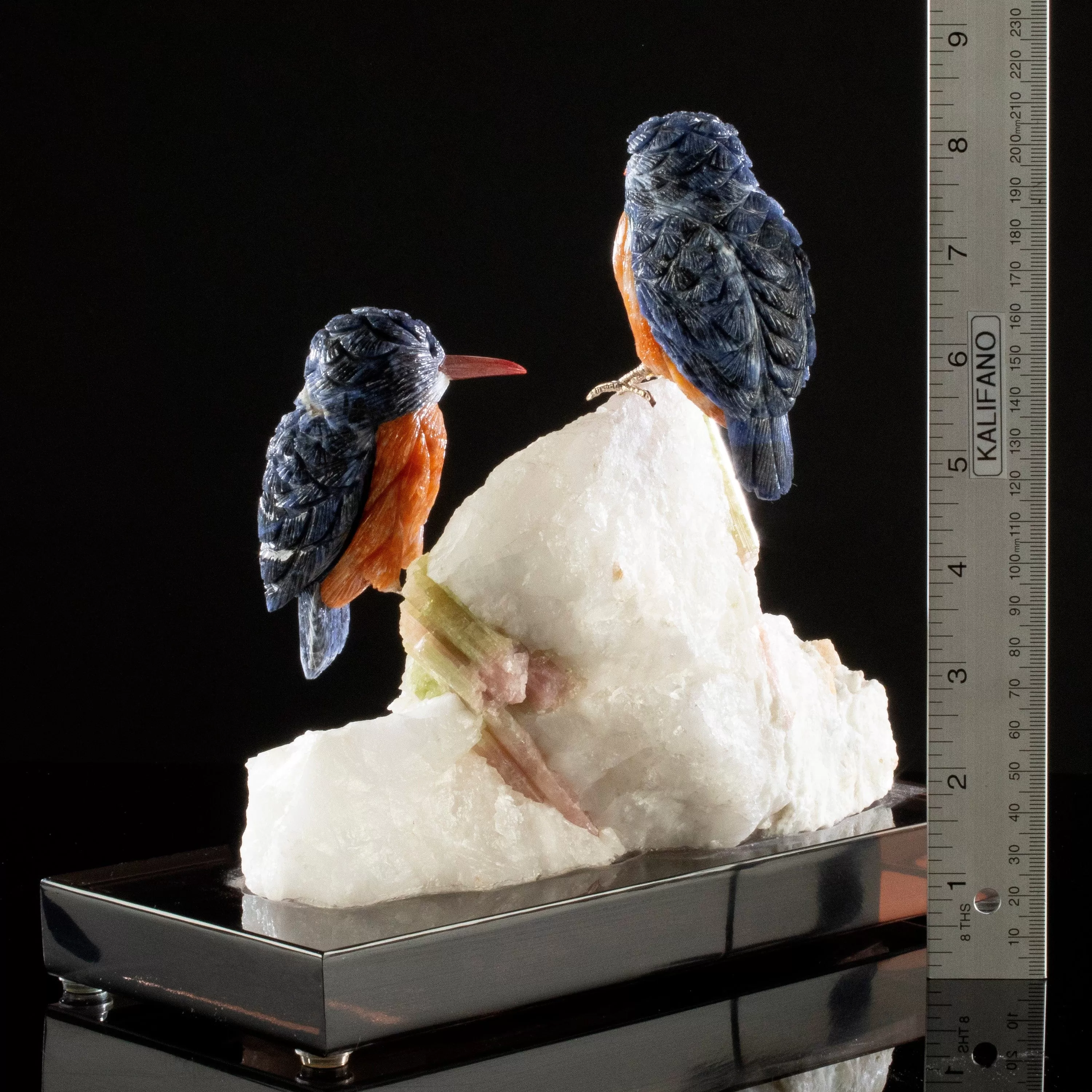 Peter Muller Sodalite Belted Kingfisher Love Birds Carving on Watermelon Tourmaline Base