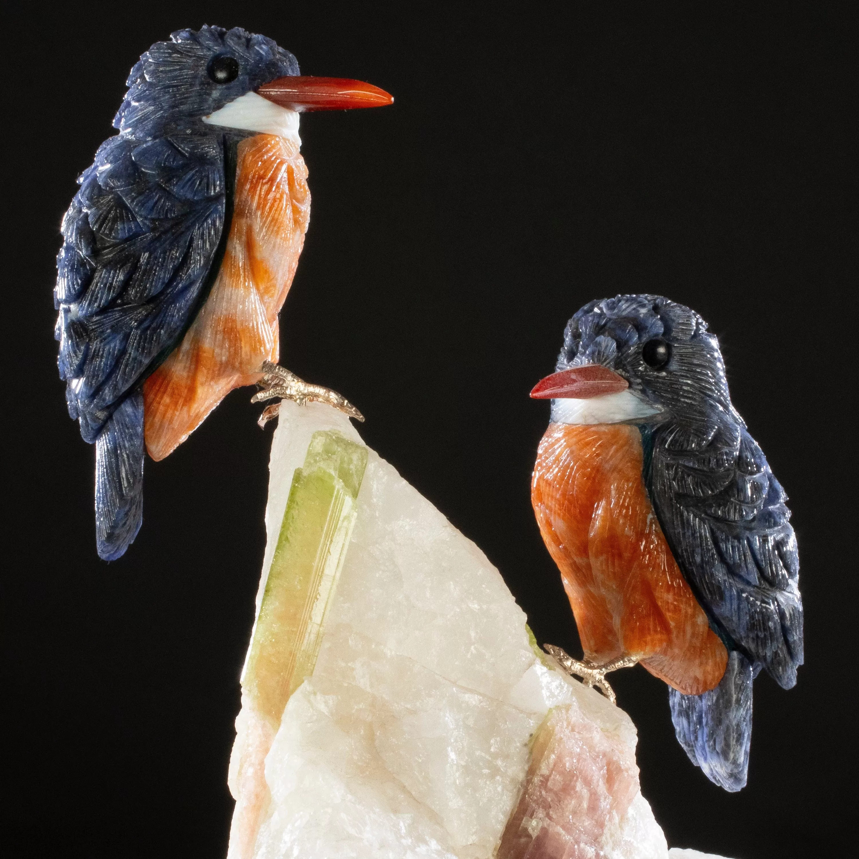 Peter Muller Sodalite Belted Kingfisher Love Birds Carving on Watermelon Tourmaline Base