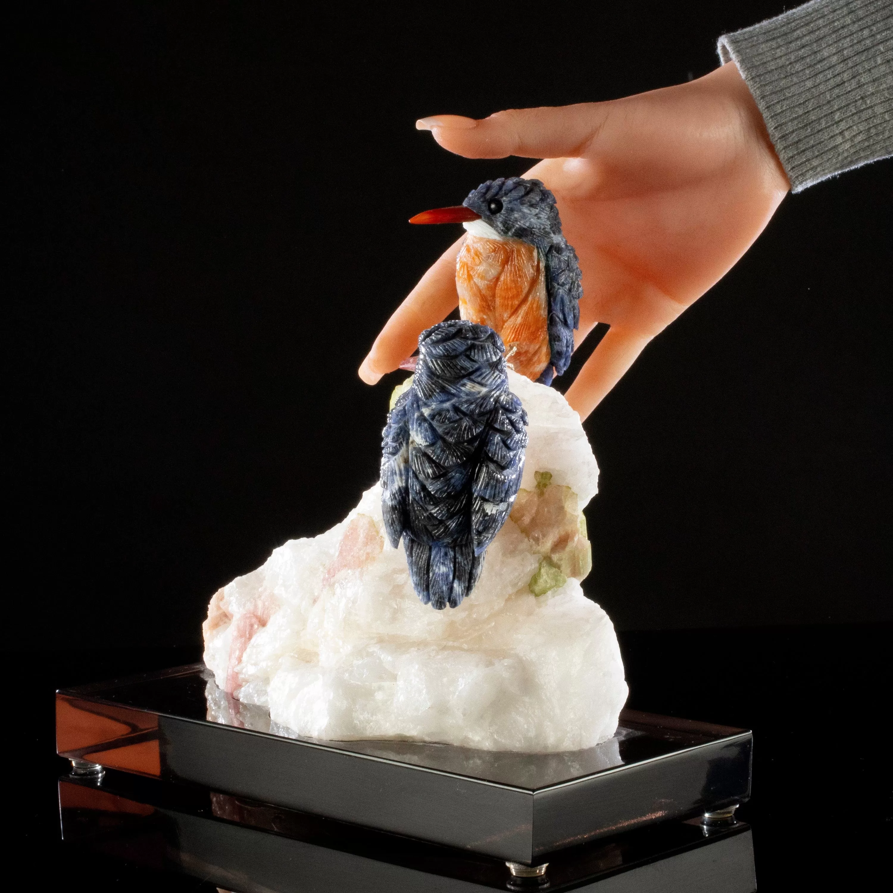 Peter Muller Sodalite Belted Kingfisher Love Birds Carving on Watermelon Tourmaline Base