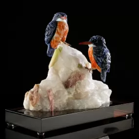 Peter Muller Sodalite Belted Kingfisher Love Birds Carving on Watermelon Tourmaline Base