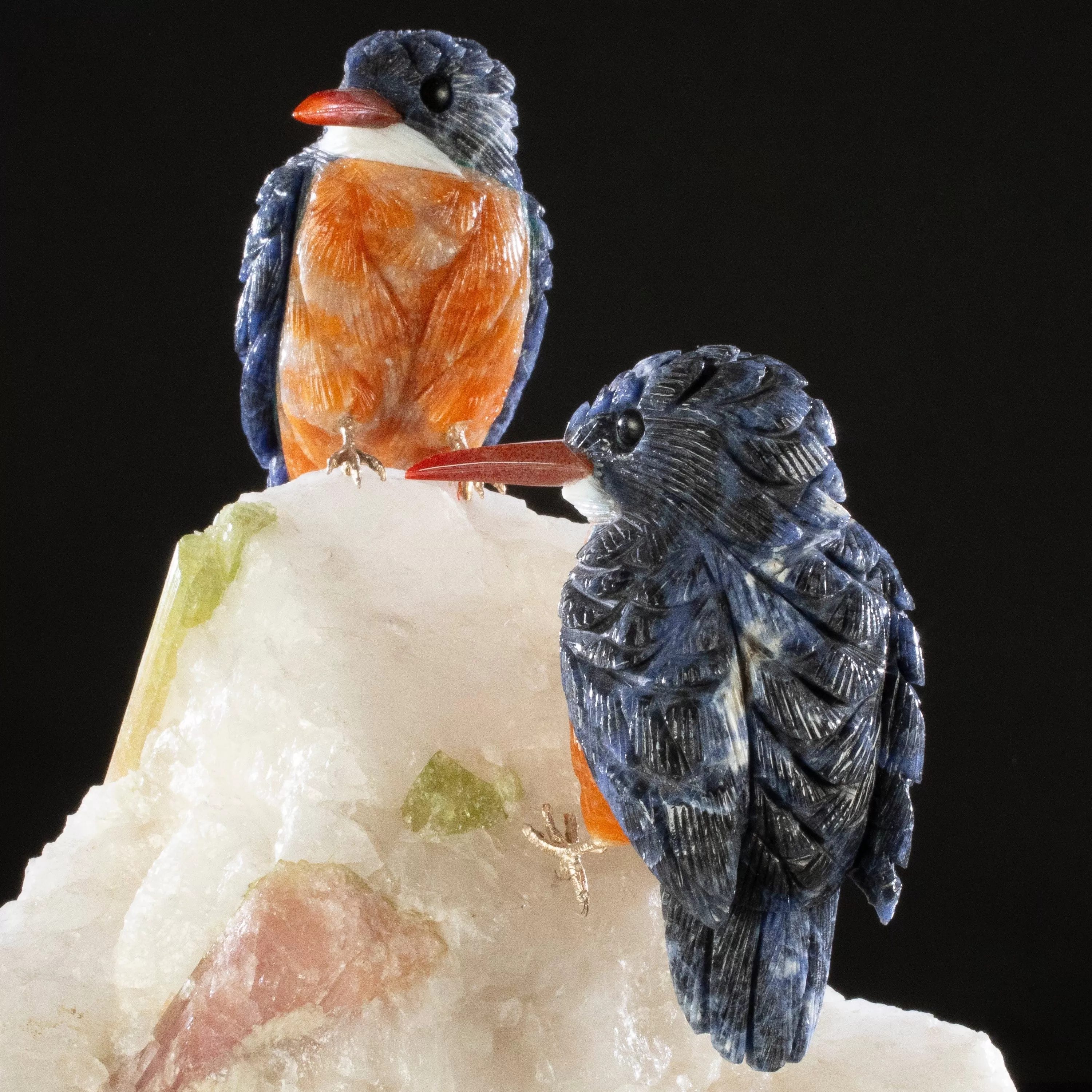 Peter Muller Sodalite Belted Kingfisher Love Birds Carving on Watermelon Tourmaline Base