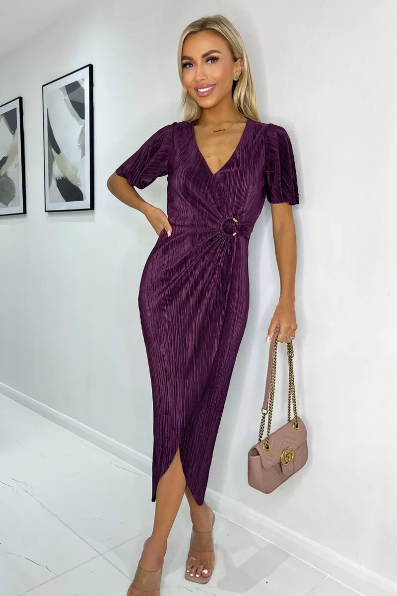 Plum Short Sleeve Plisse Wrap Midi Dress