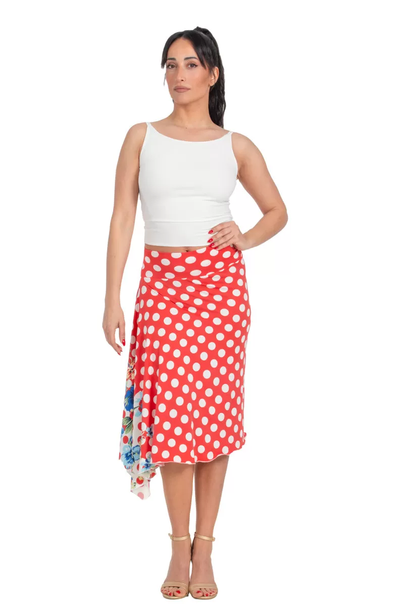 Red Polka-Dot Skirt With Side Draping & Floral Details