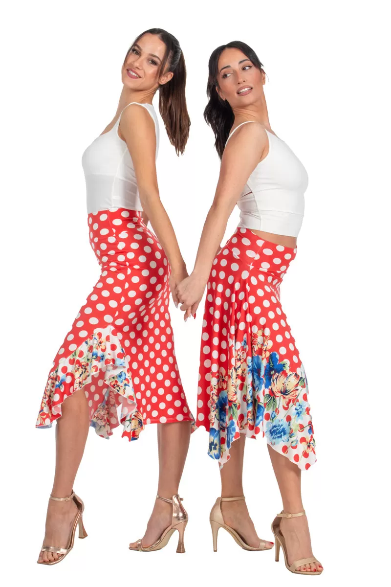 Red Polka-Dot Skirt With Side Draping & Floral Details