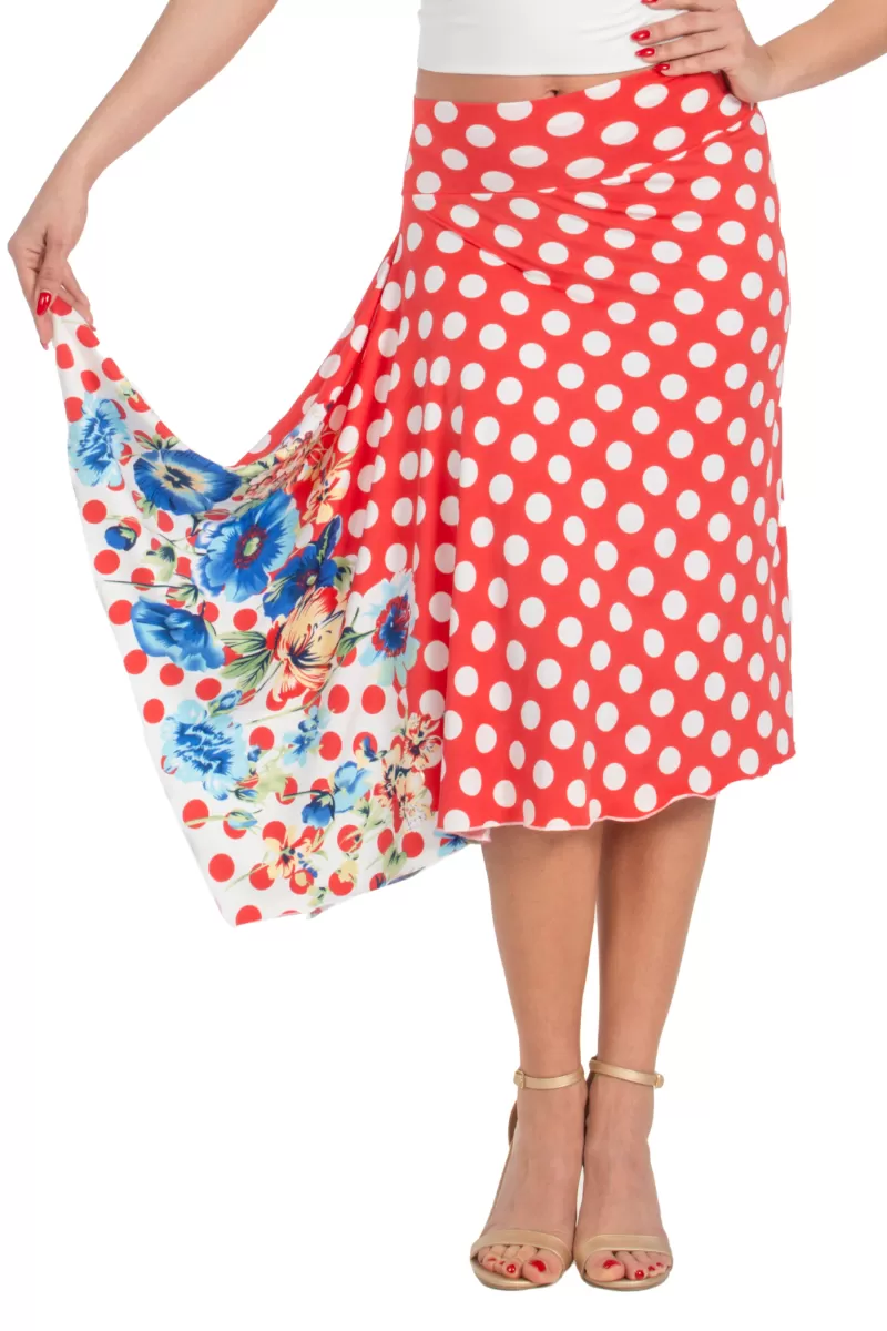 Red Polka-Dot Skirt With Side Draping & Floral Details