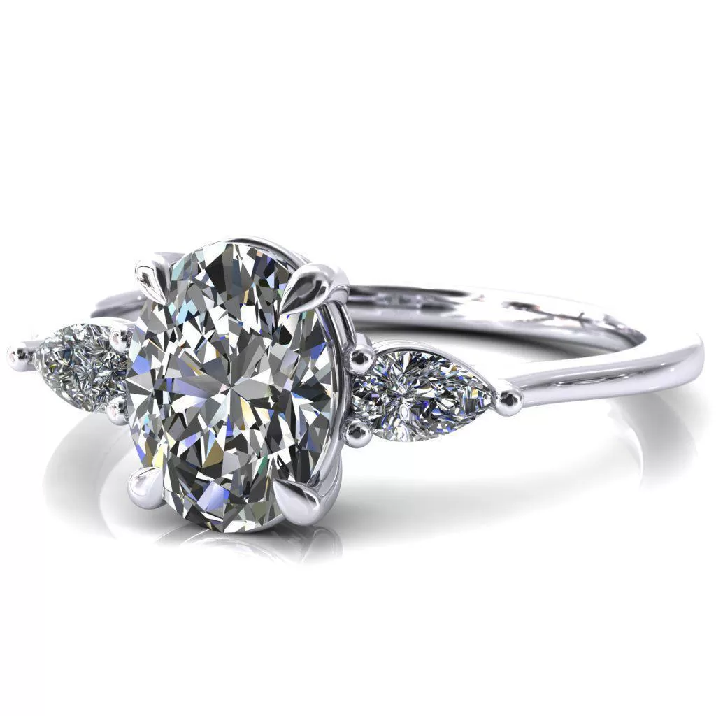 Robyn Oval Lab Grown Diamond Center Stone 4 Claw Prong 2 Rail Basket Pear Sidestones Inverted Cathedral Engagement Ring