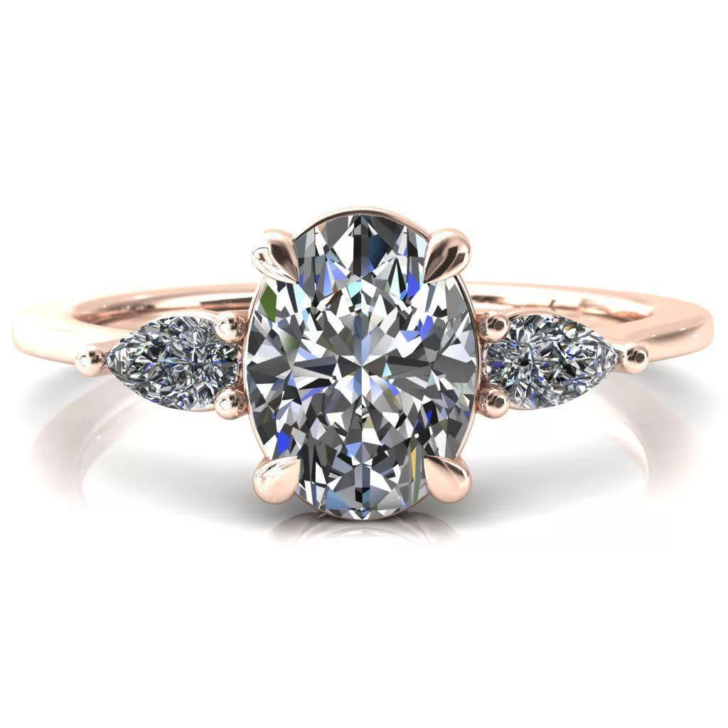 Robyn Oval Lab Grown Diamond Center Stone 4 Claw Prong 2 Rail Basket Pear Sidestones Inverted Cathedral Engagement Ring