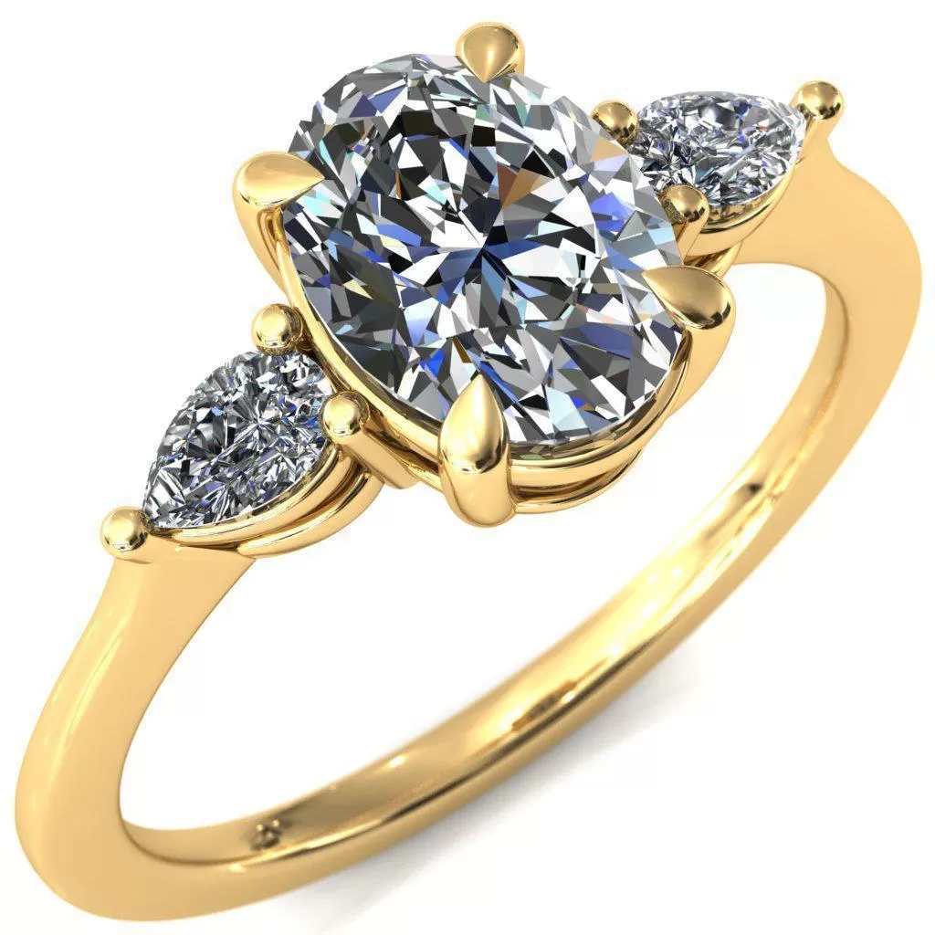 Robyn Oval Lab Grown Diamond Center Stone 4 Claw Prong 2 Rail Basket Pear Sidestones Inverted Cathedral Engagement Ring