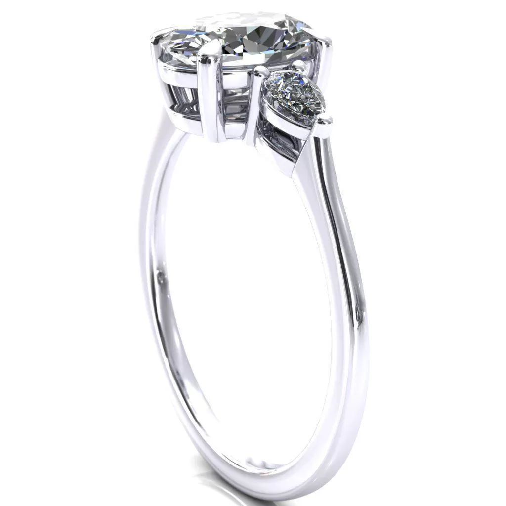 Robyn Oval Lab Grown Diamond Center Stone 4 Claw Prong 2 Rail Basket Pear Sidestones Inverted Cathedral Engagement Ring