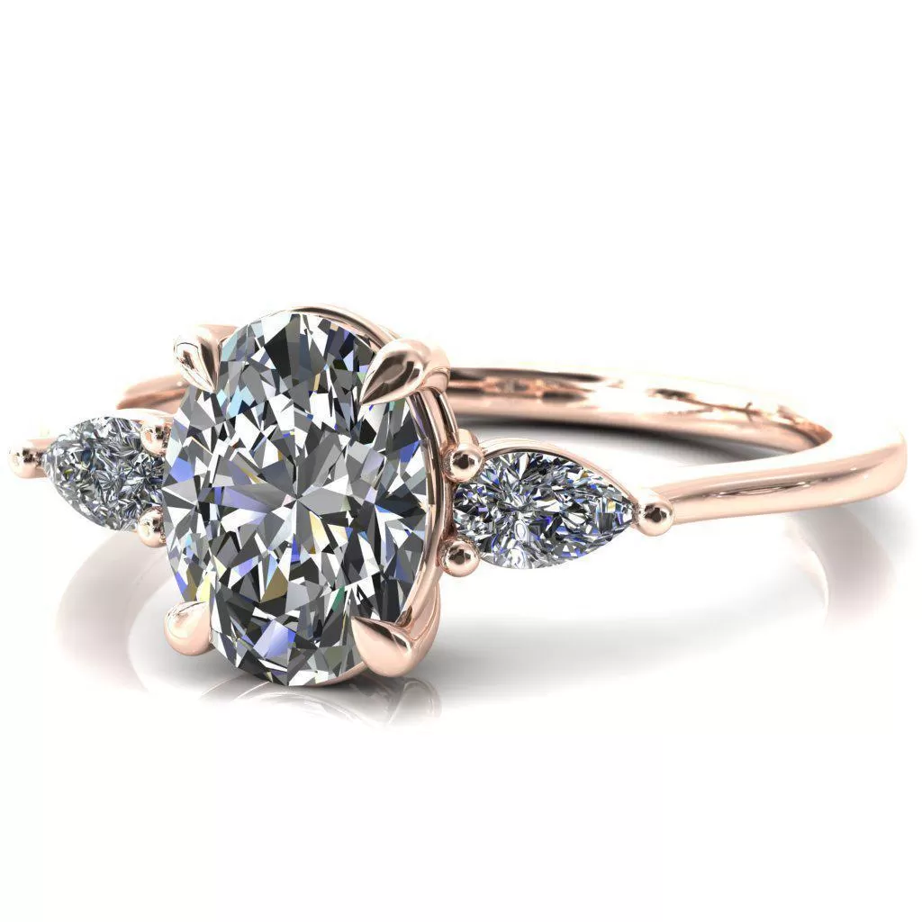 Robyn Oval Lab Grown Diamond Center Stone 4 Claw Prong 2 Rail Basket Pear Sidestones Inverted Cathedral Engagement Ring