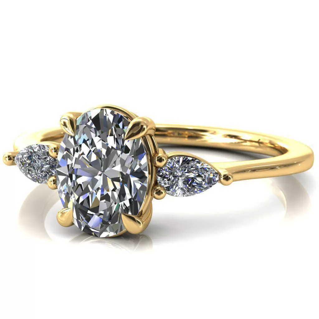 Robyn Oval Lab Grown Diamond Center Stone 4 Claw Prong 2 Rail Basket Pear Sidestones Inverted Cathedral Engagement Ring