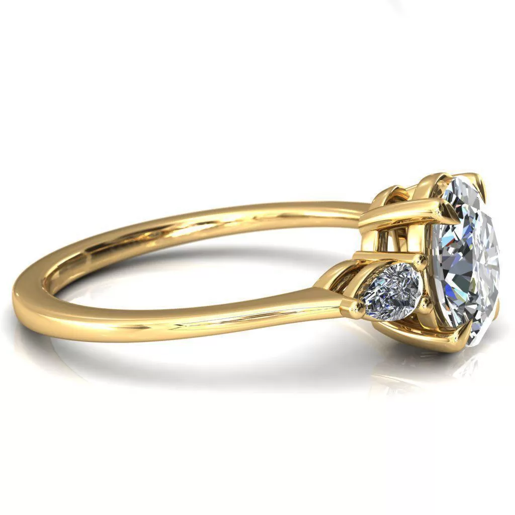 Robyn Oval Lab Grown Diamond Center Stone 4 Claw Prong 2 Rail Basket Pear Sidestones Inverted Cathedral Engagement Ring