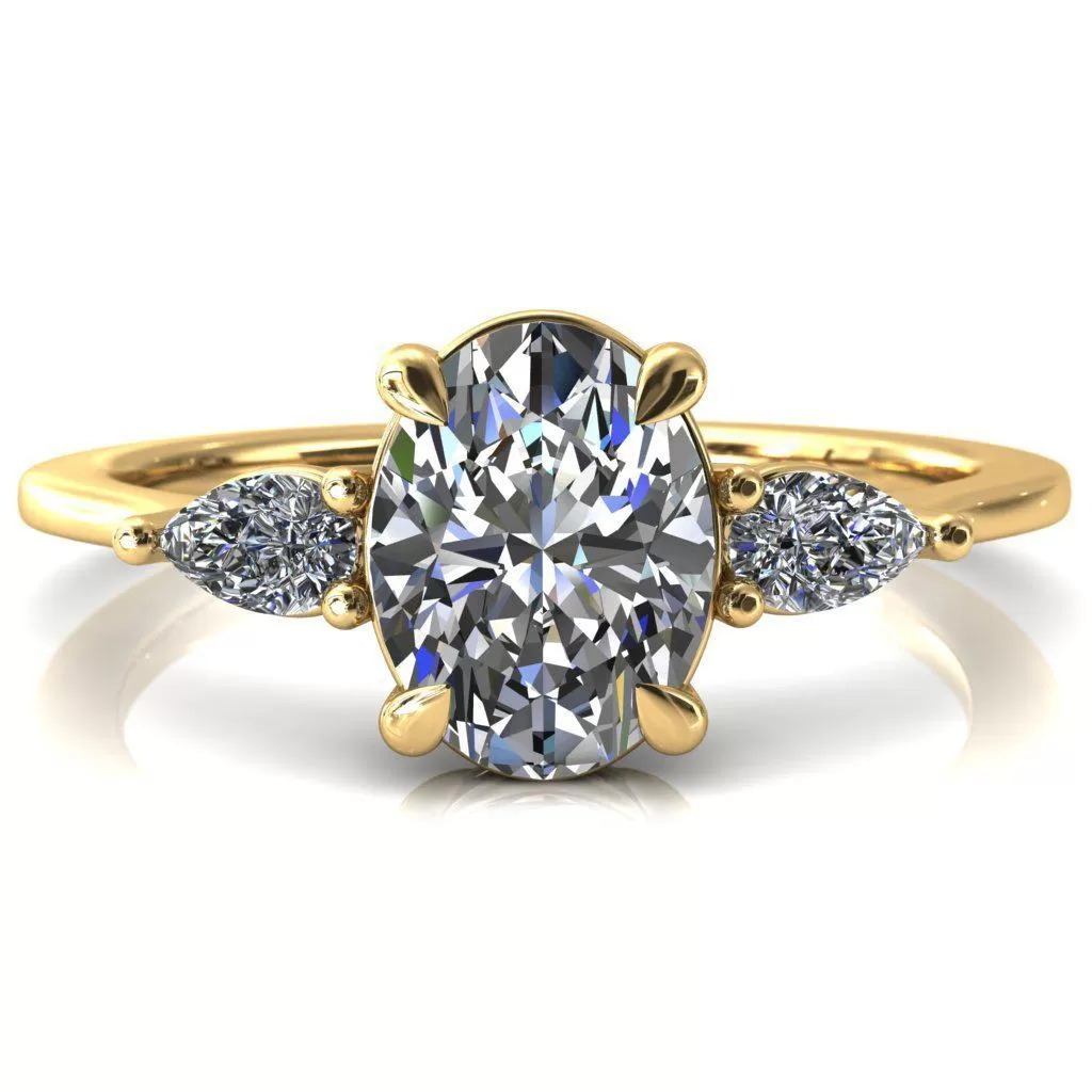 Robyn Oval Lab Grown Diamond Center Stone 4 Claw Prong 2 Rail Basket Pear Sidestones Inverted Cathedral Engagement Ring