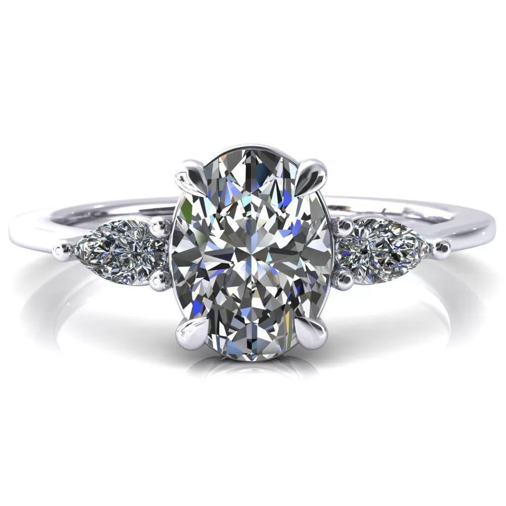 Robyn Oval Lab Grown Diamond Center Stone 4 Claw Prong 2 Rail Basket Pear Sidestones Inverted Cathedral Engagement Ring