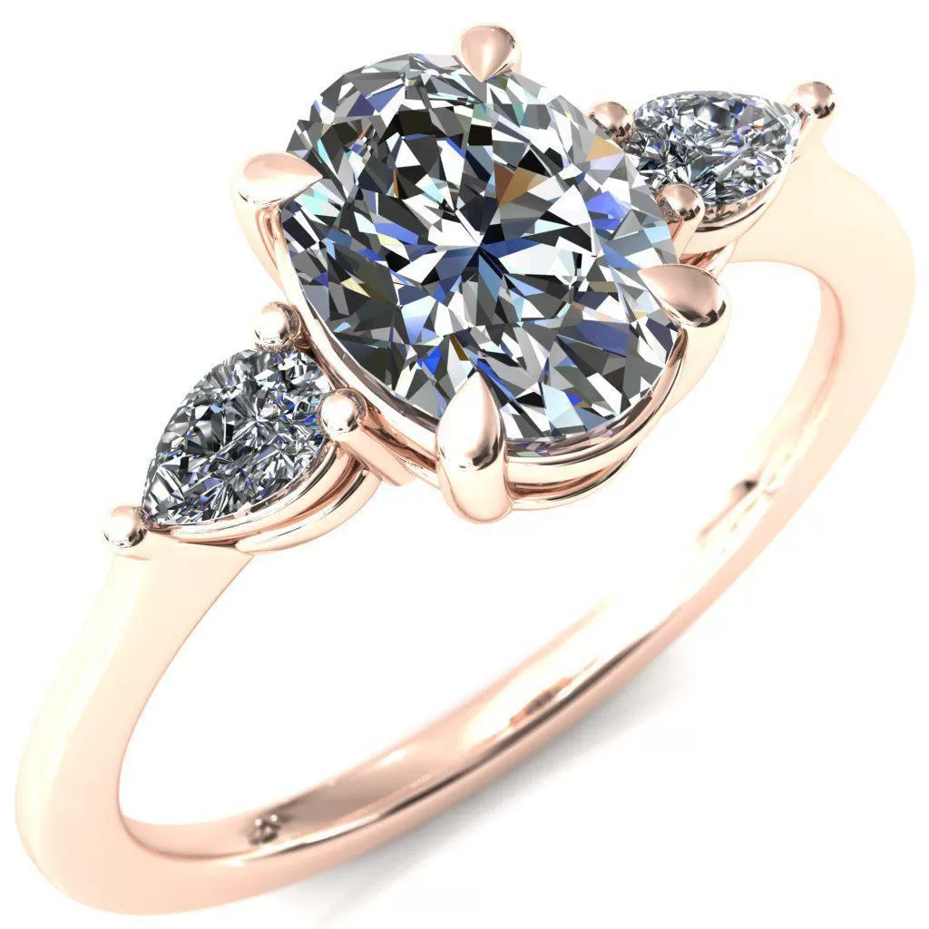 Robyn Oval Lab Grown Diamond Center Stone 4 Claw Prong 2 Rail Basket Pear Sidestones Inverted Cathedral Engagement Ring