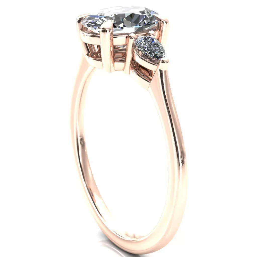 Robyn Oval Lab Grown Diamond Center Stone 4 Claw Prong 2 Rail Basket Pear Sidestones Inverted Cathedral Engagement Ring