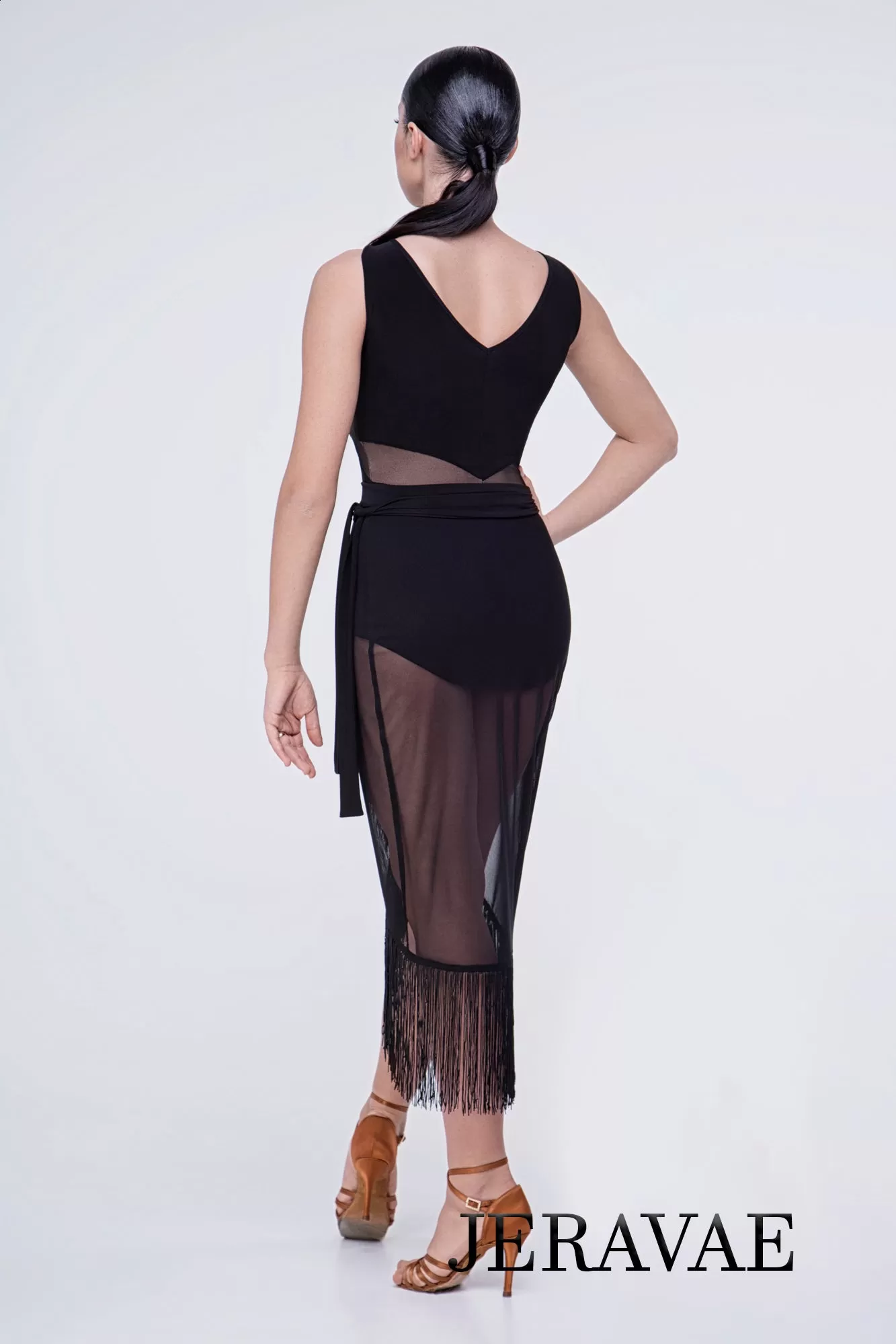 Sheer Black Latin Wrap Skirt with Tie Straps and Fringe Hem PRA 635