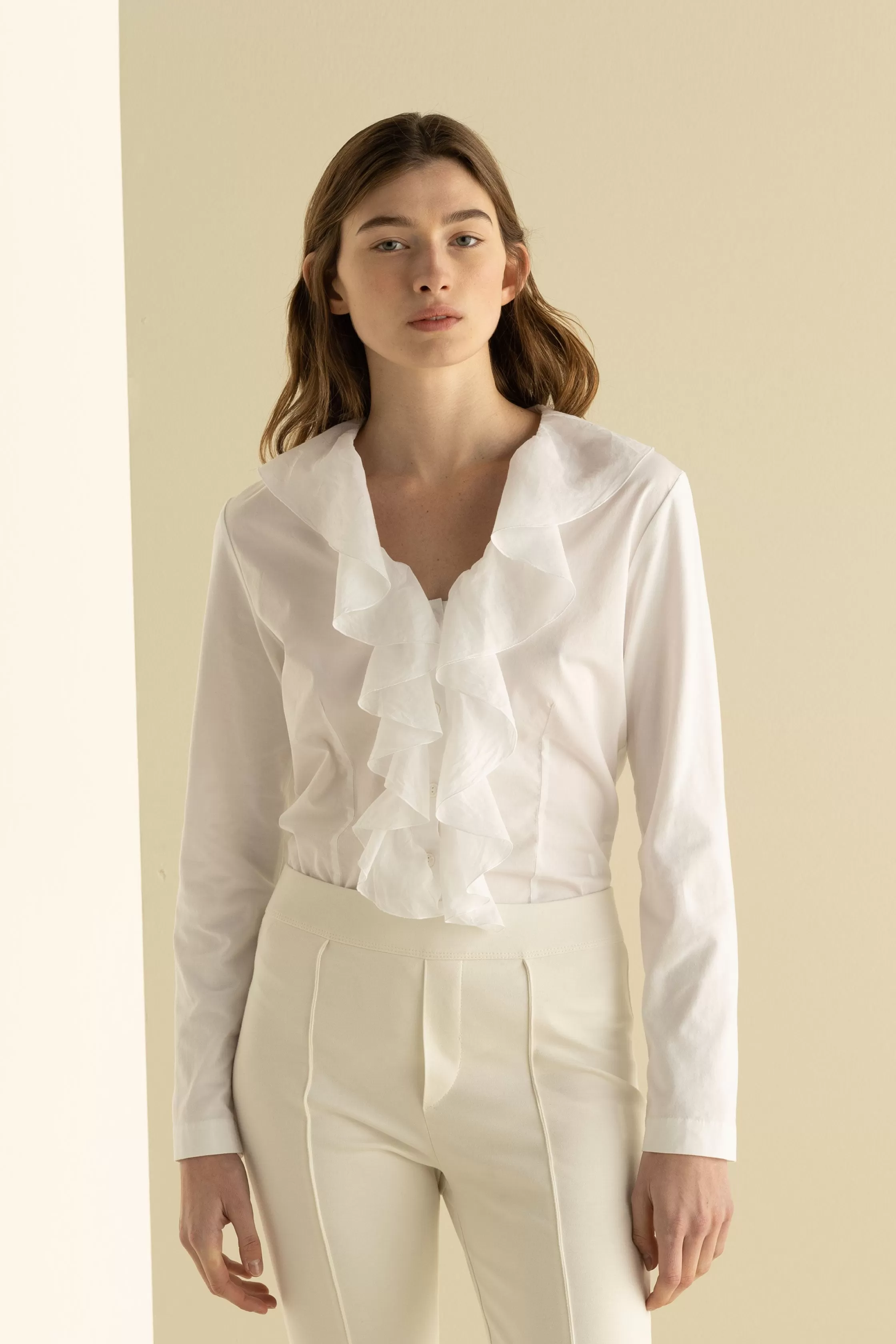 Shirt with Asymmetric Ruffles Garment Dyed 68WU 3217