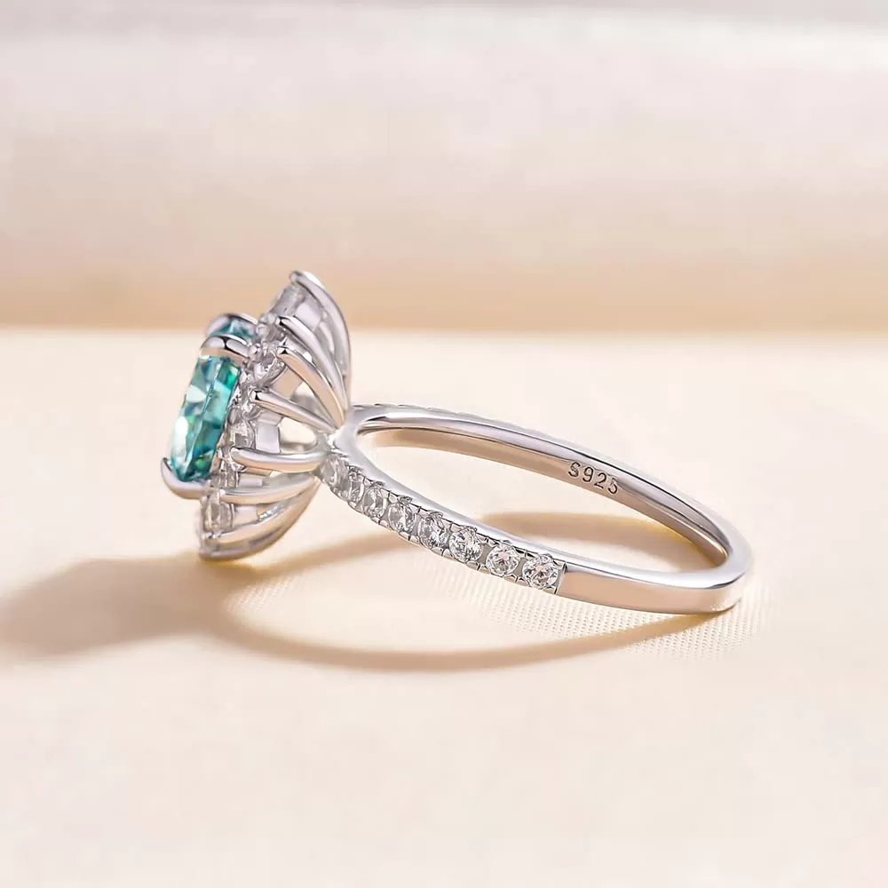 Snowflake Round Cut Cyan Blue Engagement Ring In Sterling Silver