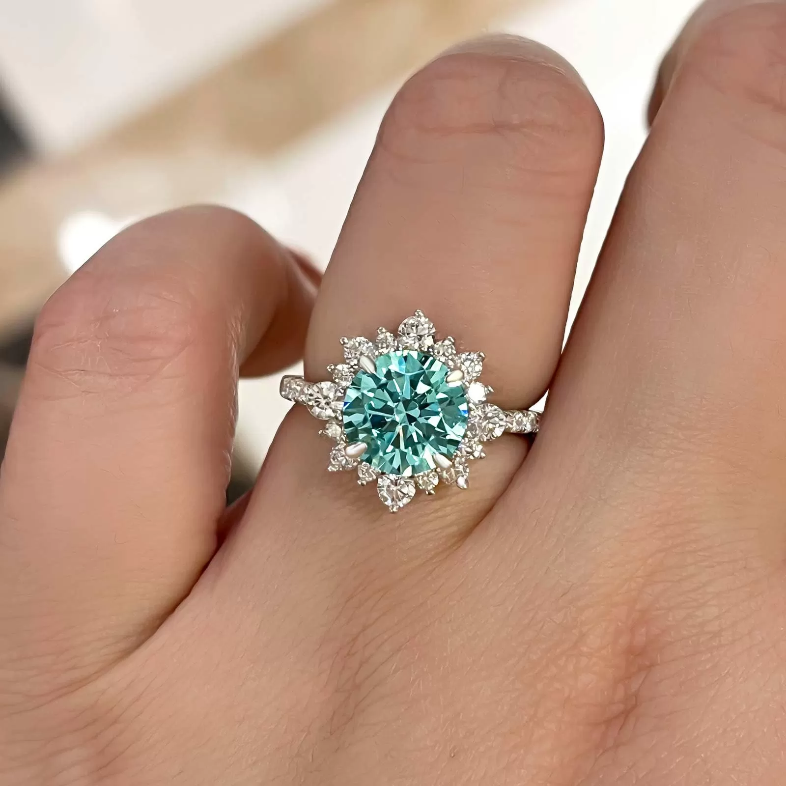 Snowflake Round Cut Cyan Blue Engagement Ring In Sterling Silver