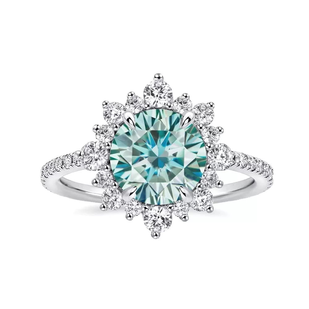 Snowflake Round Cut Cyan Blue Engagement Ring In Sterling Silver