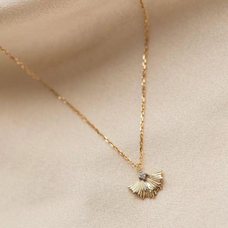 Solid Gold Ginkgo Leaf Diamond Necklace