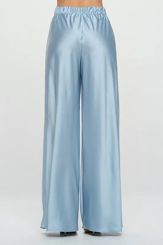 Stretch Satin Pants with Elastic Waist and Pockets