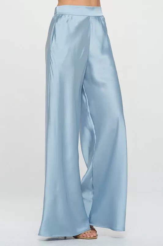 Stretch Satin Pants with Elastic Waist and Pockets