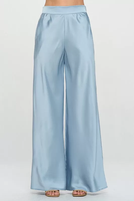 Stretch Satin Pants with Elastic Waist and Pockets