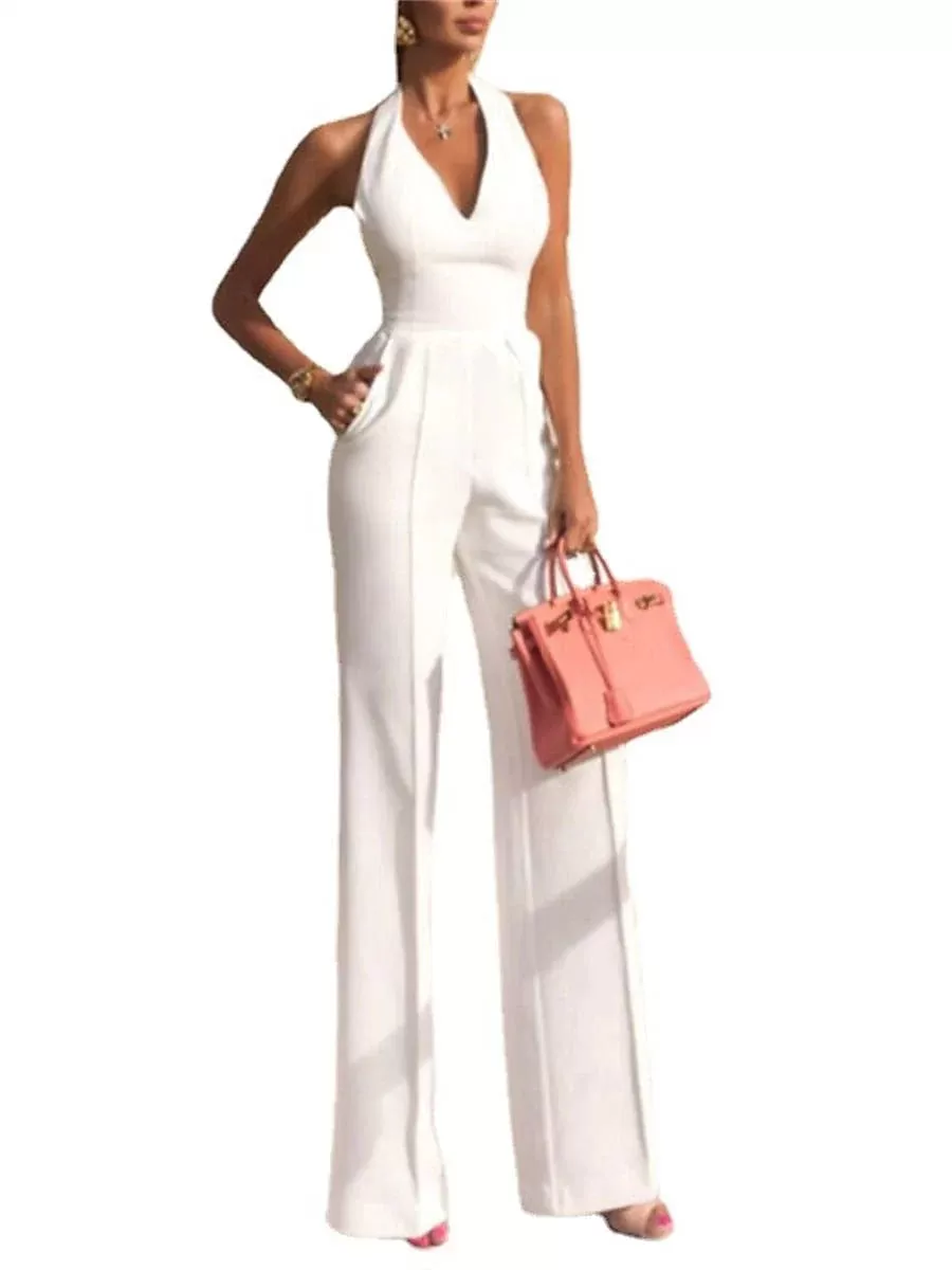 Stylish White Sleeveless Halter Neck Jumpsuit with Backless Design and Pockets for Women - Ideal for Summer and Fall