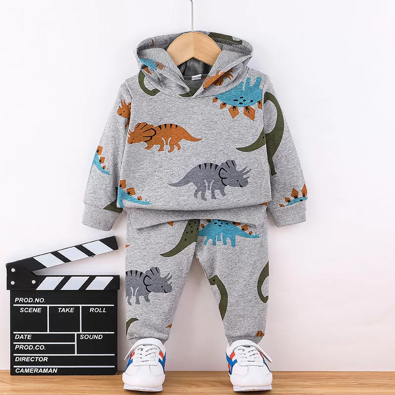 Toddler Kids Boys Solid Color Cartoon Dinosaur Long-sleeved Hooded Sweatshirt and Long Pants Set