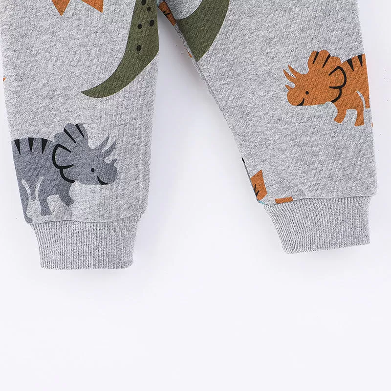 Toddler Kids Boys Solid Color Cartoon Dinosaur Long-sleeved Hooded Sweatshirt and Long Pants Set