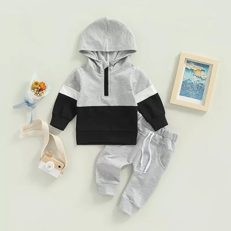 Toddler Kids Color Combination Casual Hooded Sweatshirt Pants Sports Suit