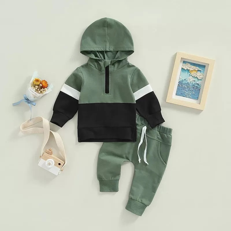 Toddler Kids Color Combination Casual Hooded Sweatshirt Pants Sports Suit